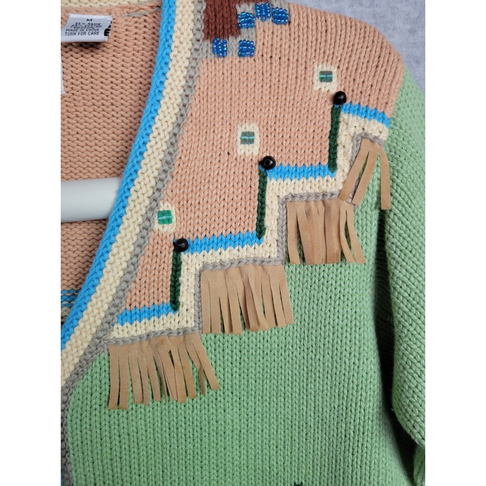 Storybook Knits Wolf Family Southwestern Fringe Cardigan Sweater Green Womens M - Picture 6 of 13